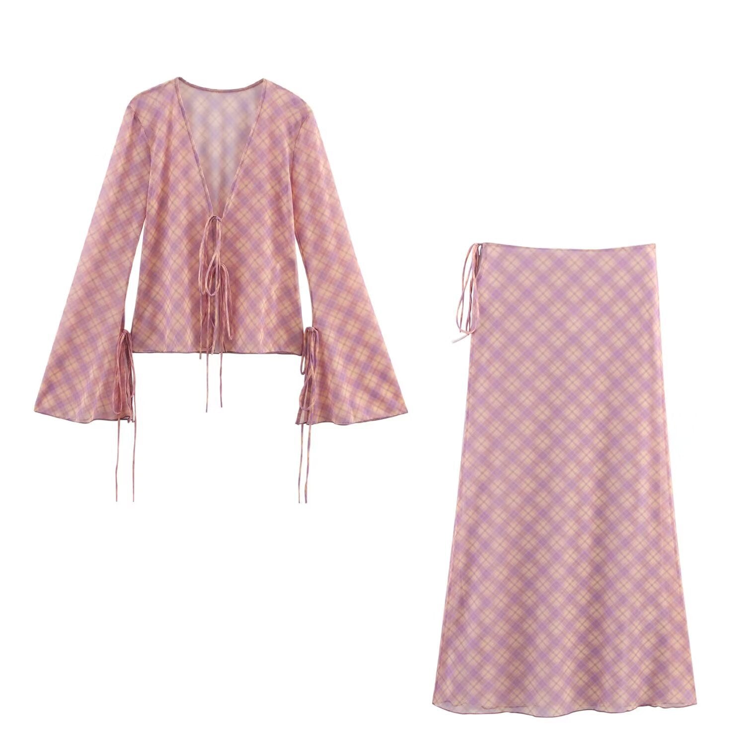 Fashion mesh printed shirt+mid skirt set for women