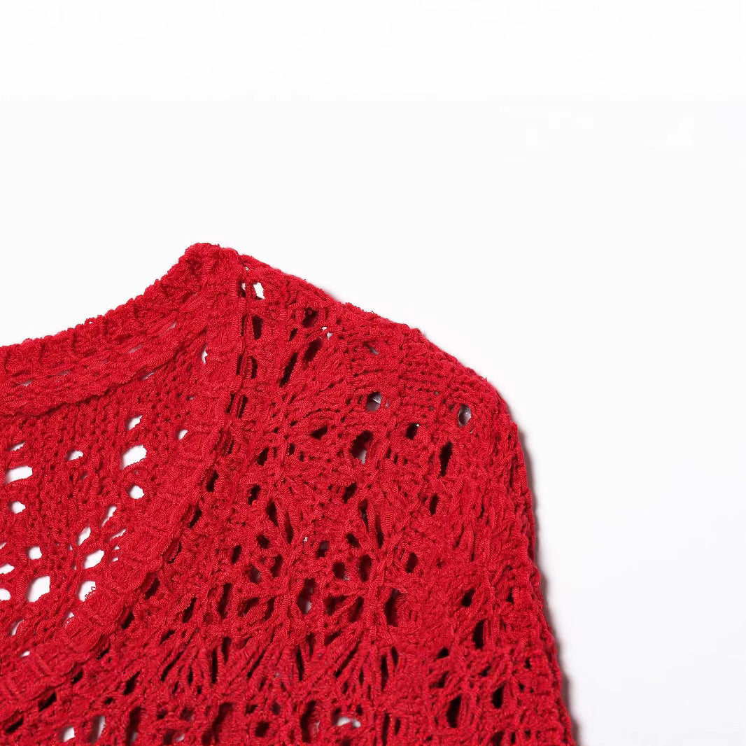 Fashion single breasted round neck hollow knitted jacket for women