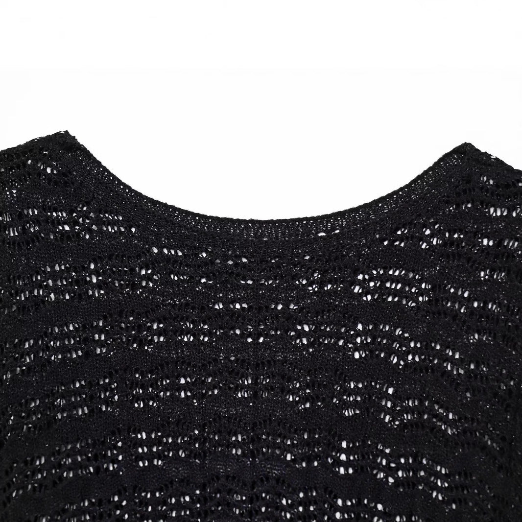 Casual round neck jacquard mesh short knit sweater color