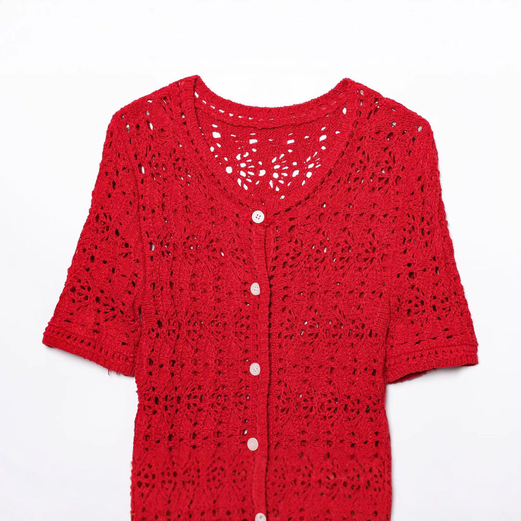 Fashion single breasted round neck hollow knitted jacket for women