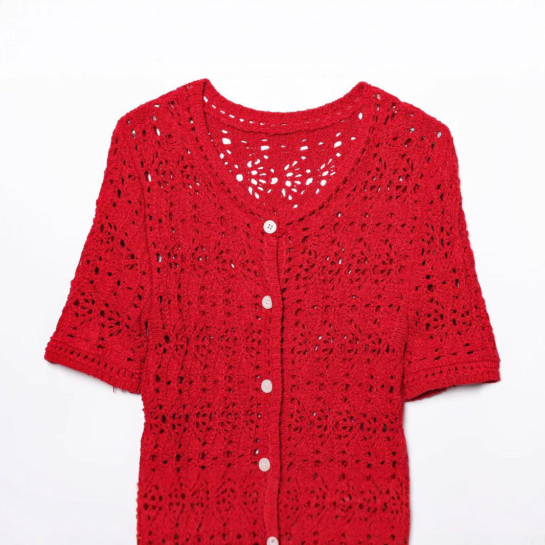Fashion single breasted round neck hollow knitted jacket for women