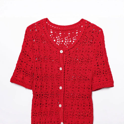 Fashion single breasted round neck hollow knitted jacket for women