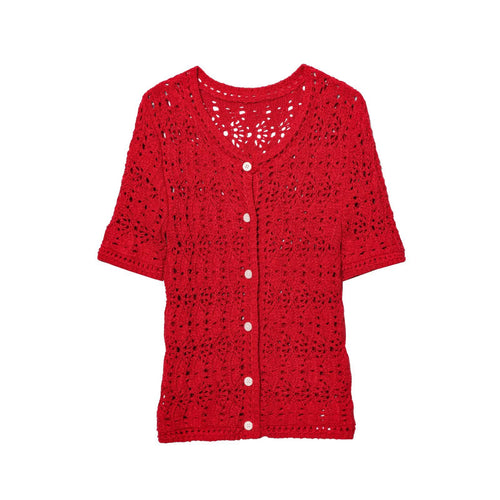 Fashion single breasted round neck hollow knitted jacket for women